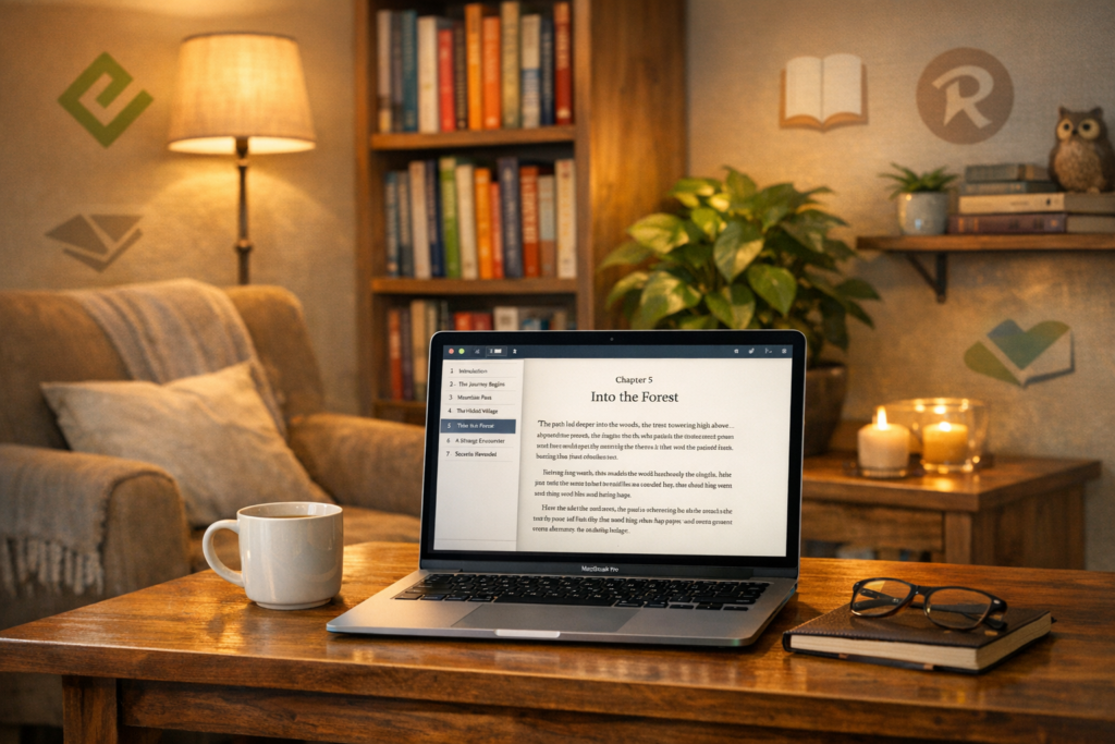 cozy reading nook with a laptop displaying a book chapter, a coffee mug,